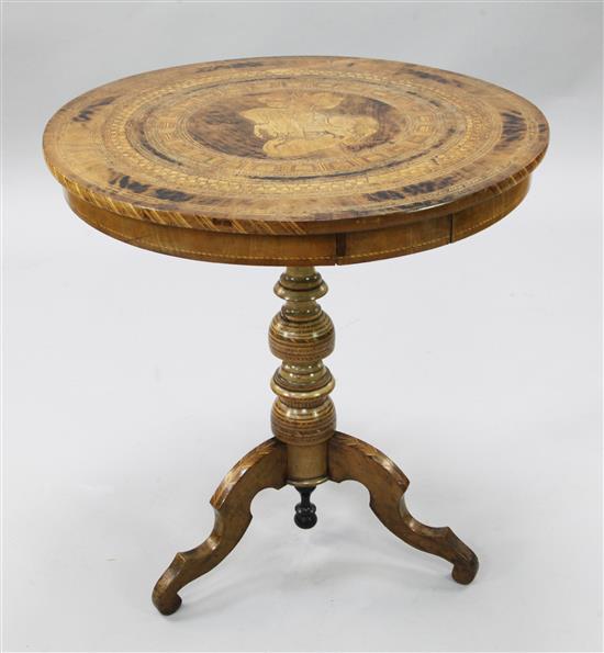 A 19th century Continental walnut and marquetry tripod table, Diam.2ft 4in. H.2ft 6in.